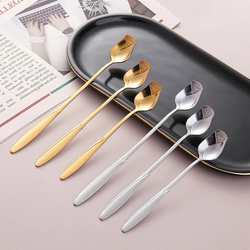 Coffee Spoon Set Gold Stainless Steel Cherry Rose Flower Dinnerware Ice Kitchen Dessert Tea Tableware Silverware Gift