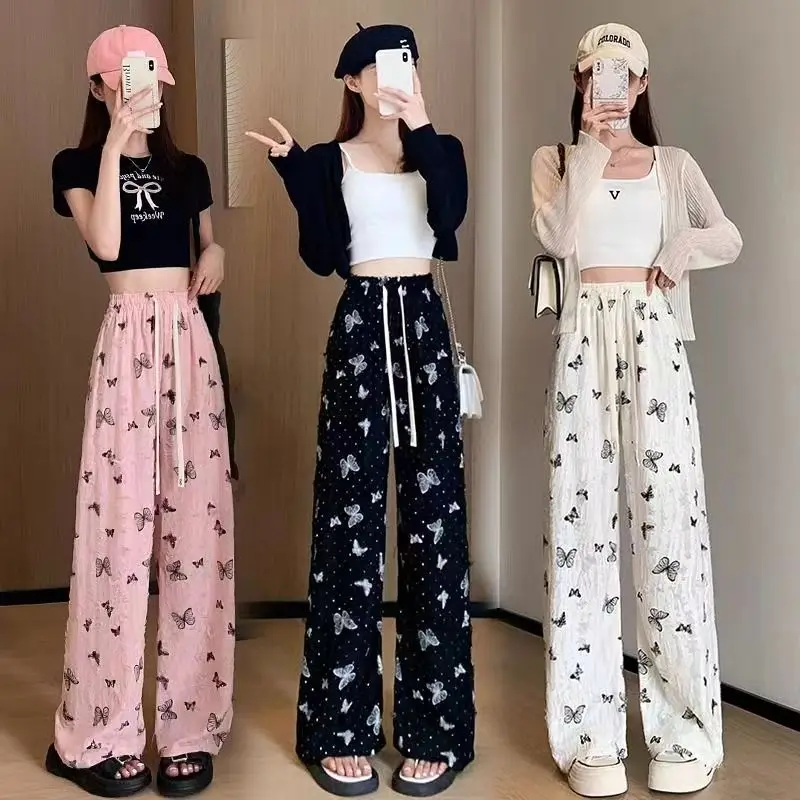 Broken Hole Design Korean Version New Thin Butterfly Pattern Wide Leg Pants Small Stature Internet Famous Long Pants for Women