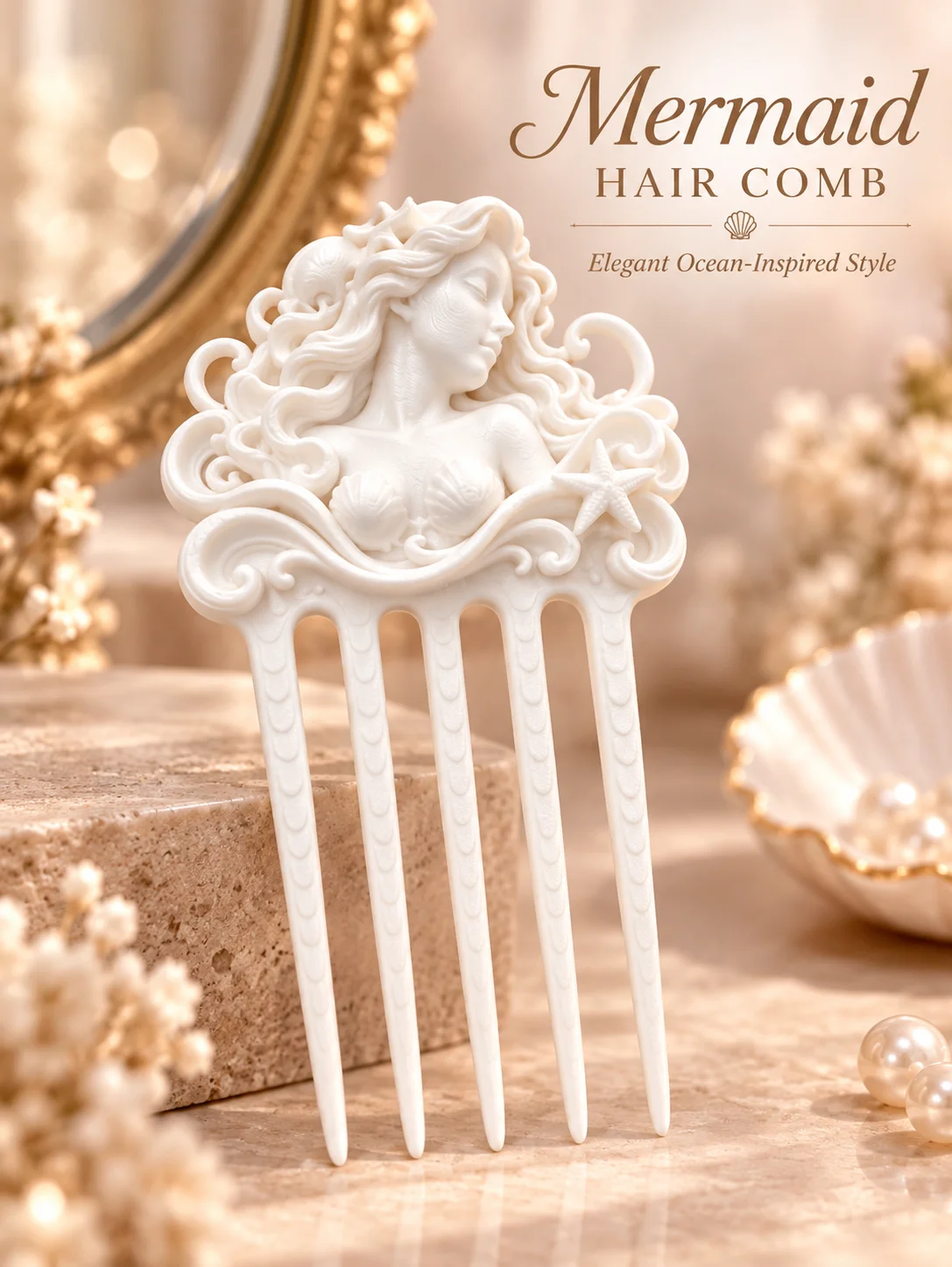 3D Printed White Mermaid Hairpin with Three-Dimensional Relief and Ocean-Themed Design, Compact and Exquisite, Five-Prong Design for Stable Updo Styling, Side Decoration Hair Comb, Suitable for Daily Commuting, Work, Students, and School Wear, Low-Key and Not Exaggerated, Easily Enhances Hair Style, Made of Lightweight White Pla Material, Easy to Wear, Suitable for Various Hair Colors and Styles, Daily Wear for Mermaid Enthusiasts, Versatile and Perfect Basic Hair Accessory