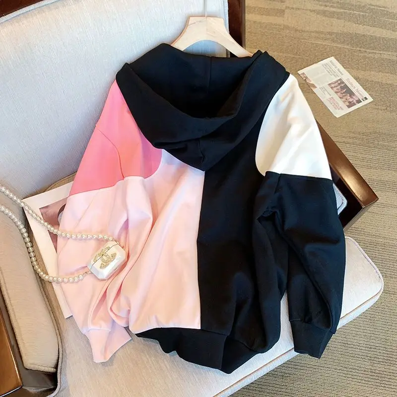 

Толстовки в стиле пэчворк, цветная толстовка с капюшоном и длинными рукавами, пальто на молнии, женские толстовки в стиле Харадзюку, повседневная свободная куртка