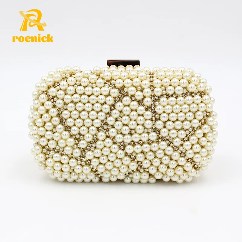 

ROENICK Women Vintage Pearl Diamonds Day Clutch Lady Wedding Party Dress Champagne Dinner Evening Bags Banquet Cocktail Handbags