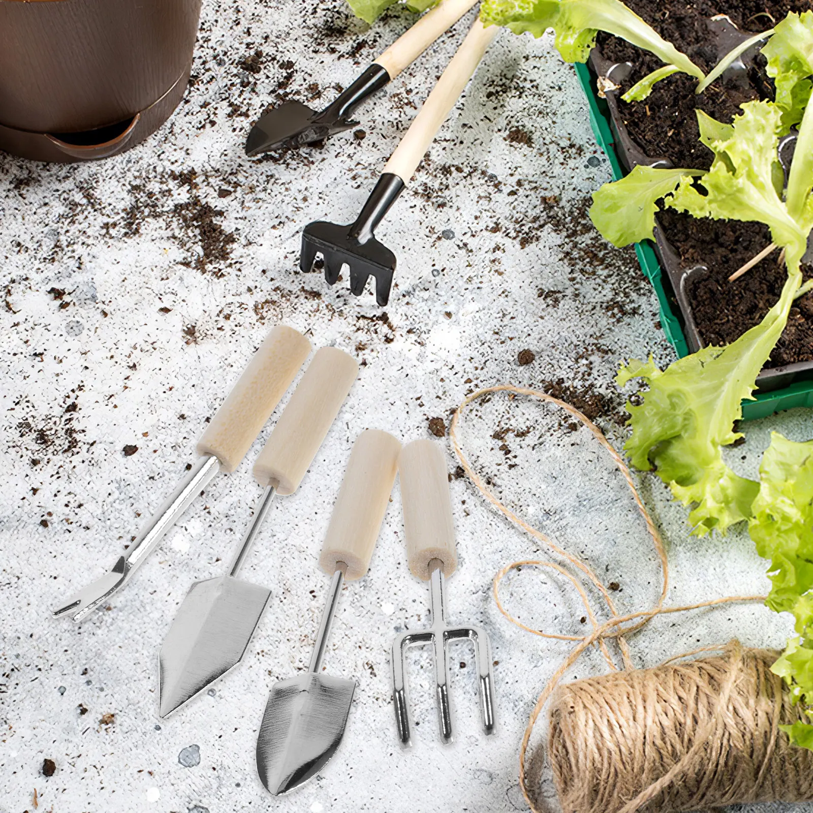 

4 Pcs Miniature Garden Tool Set Simulation Wooden Dollhouse Accessories Decorative Gardening Tools Handcrafted Zinc Alloy