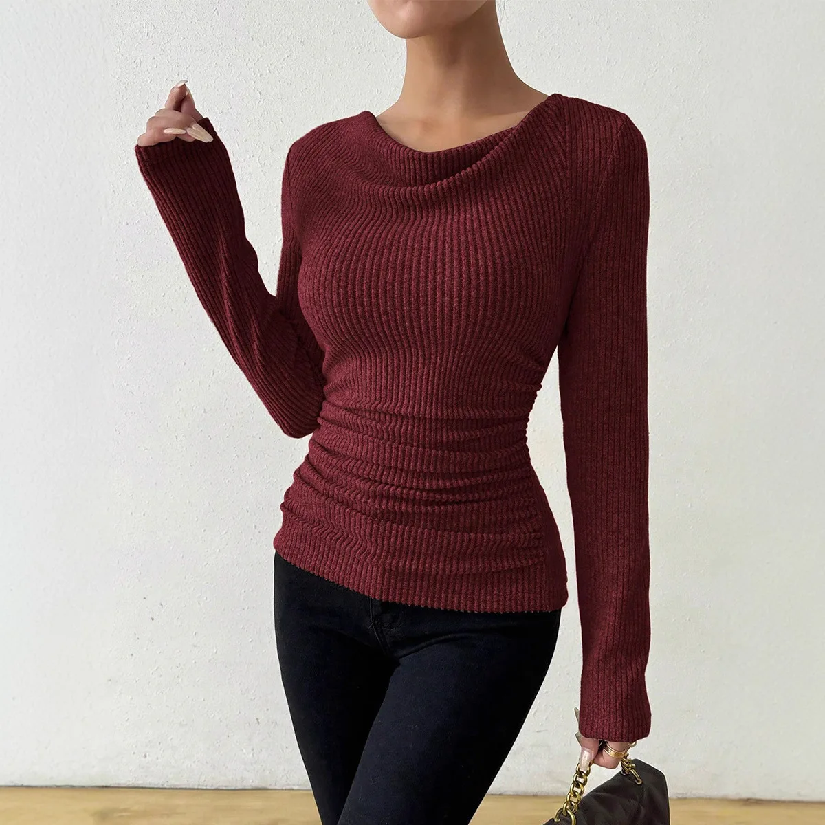 Autumn and Winter Pit Striped Long Sleeved Sexy Solid Color Top