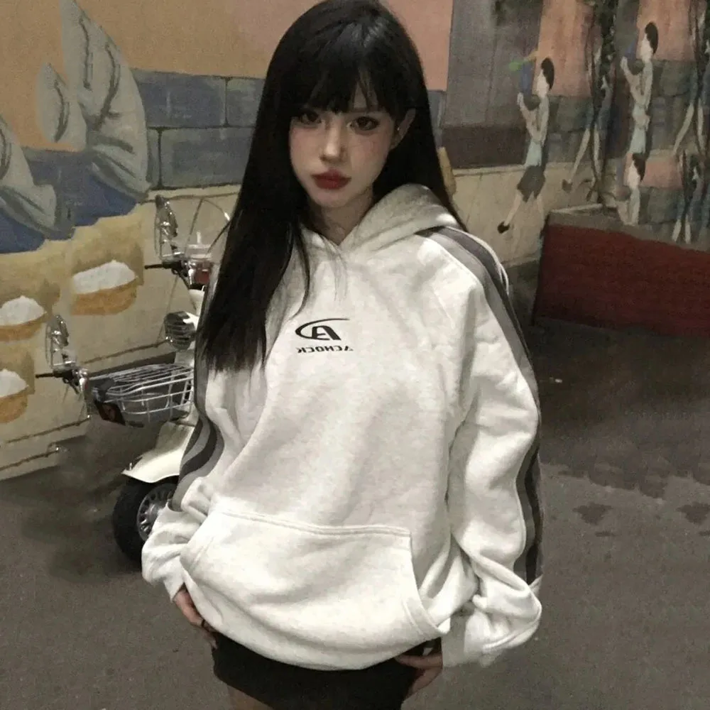 Kpop Grunge Sweatshirts Hip Hop Streetwear Gray Oversized Hoodies Women Harajuku Vintage Hooded Sweatshirt Loose Casual Y2K Tops