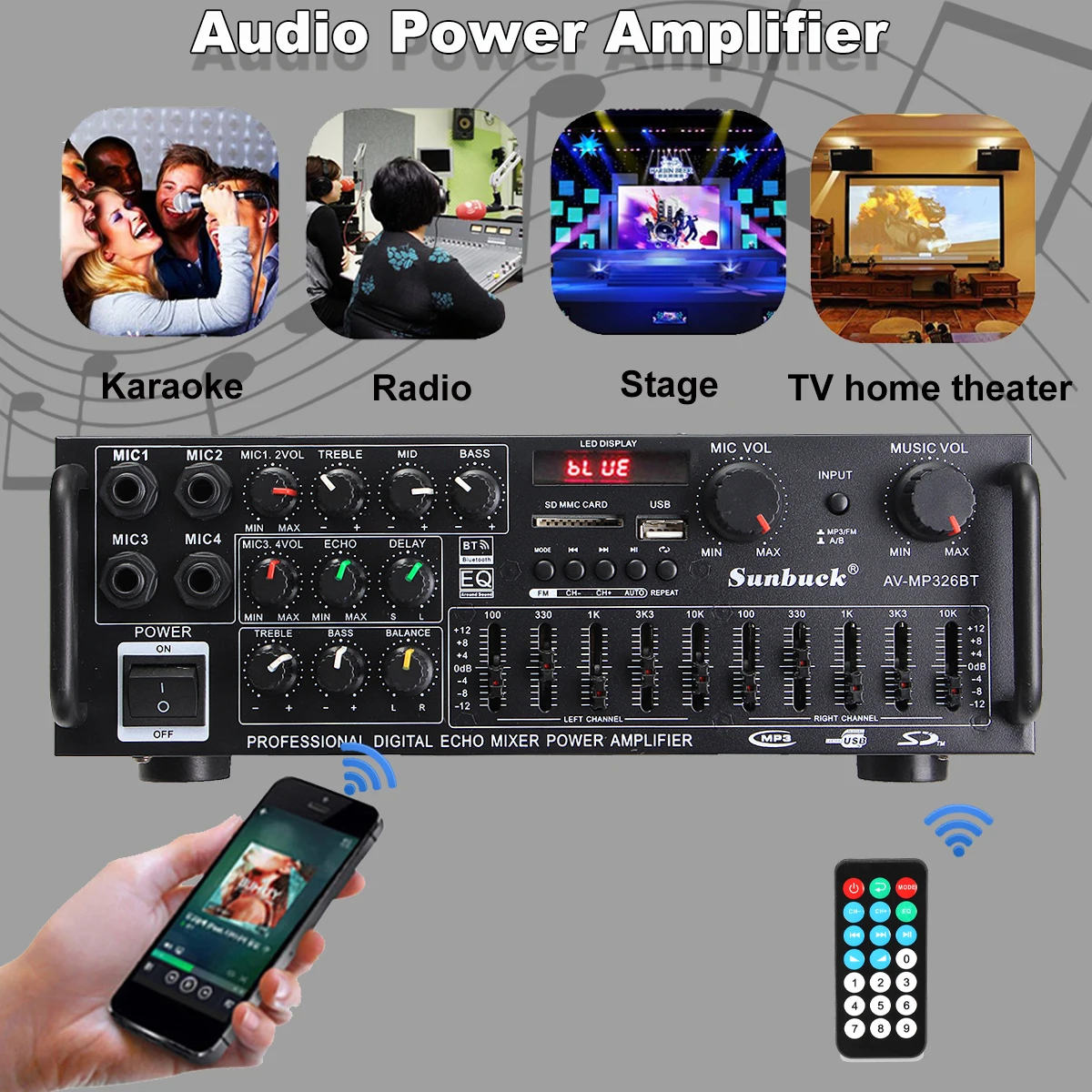 8000W Bluetooth-Verstärker 110/220V Audio-Stereo-Digital-Verstärker mit USB-, SD-, FM-, DVD-, AUX-Unterstützung, 4-Wege-Mikrofoneingang und Fernbedienung – Detail 4