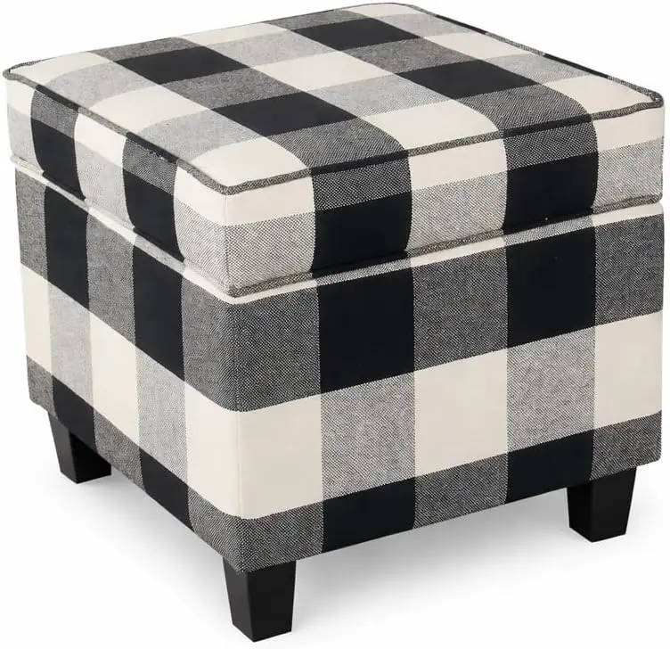 

Classic Square Storage Ottoman with Lift Off Lid, Black Plaid, Large Ottoman for Living Room & Bedroom, 250lbs Capacity