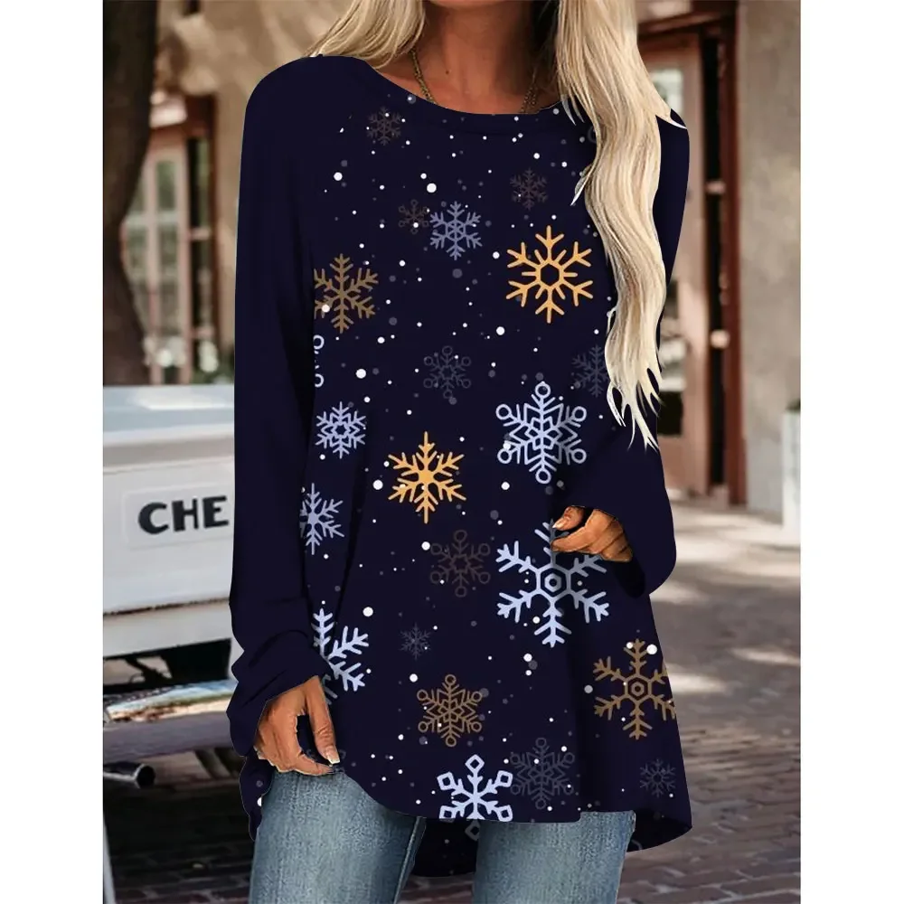 New Christmas Snowflake Round Neck Long Sleeve 3D Printed Imitation Cotton Elegant Top T-Shirt Spring Women\'s Bottoming Shirt