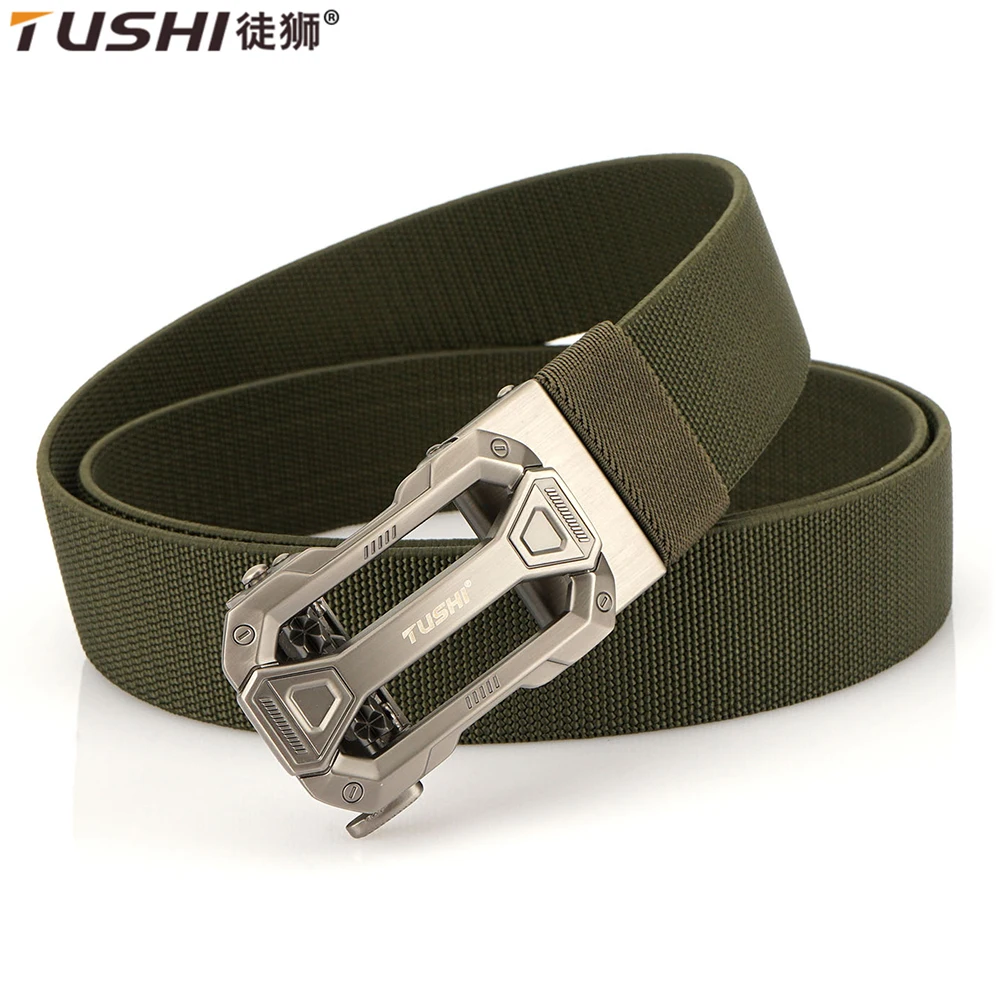 

TUSHI New Automatic Buckle Elastic Belt for Men Real Nylon Military Tactical Belt Non Slip Hiking Hunting Belt Male Envio Gratis