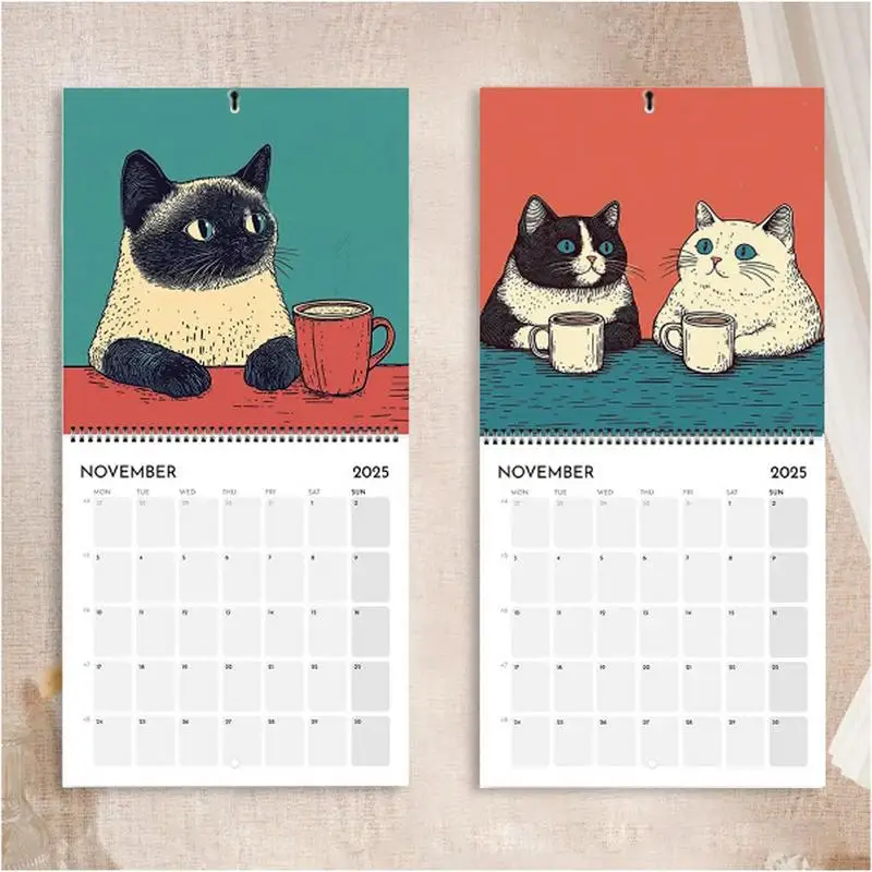 Cute Cat Calendar 2025 Monthly Calendar Cats Chilling With Coffee 12-Month 2025 Monthly Weekly Planner Calendar For Home Decor