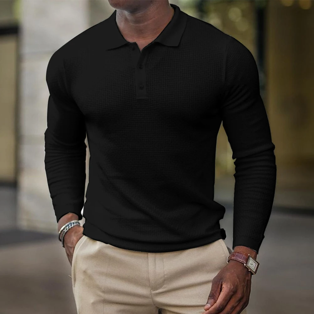 Polos Top Fashion Lapel Neck Long Sleeve Mens Muscle Polyester Slim Solid Sport All Seasons Brand New High Quality