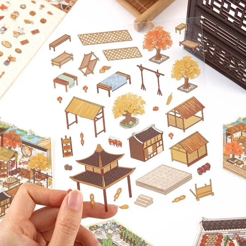 Y5LB Aesthetic Sticker Retro Courtyard Scene Sticker Chinese Landscape Sticker