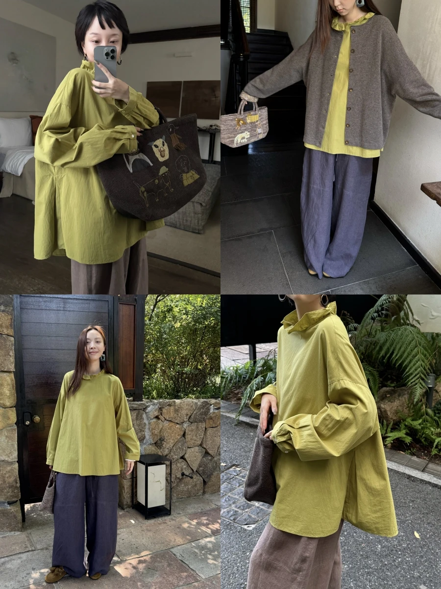 

Owi Loose Cotton irt with Wood ain Stand Collar Side Live Pleat Silhouette Women's Comfortable Breathable Long Sve