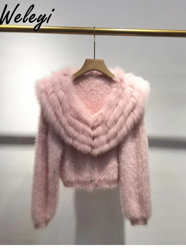 High-end Women\'s Warm Pink Furry Knitted Sweater Jacket Autumn Clothes 2024 New Korean Fashion Long Sleeve Short Fur Coat Trendy