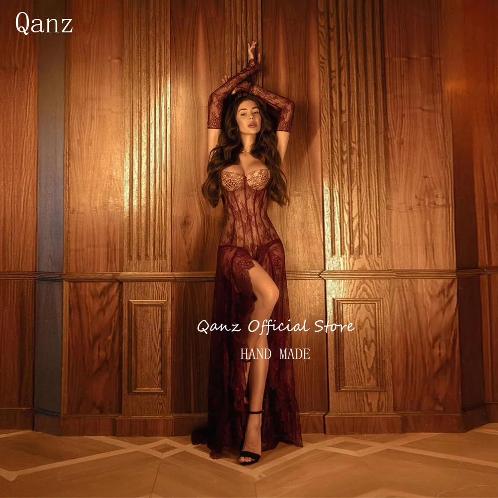 

Qanz Burgundy Luxury Lace Evening Dresses High Slit Sweetheart Wedding Dress Detachable Sleeves Vestidos De Fiesta Customized