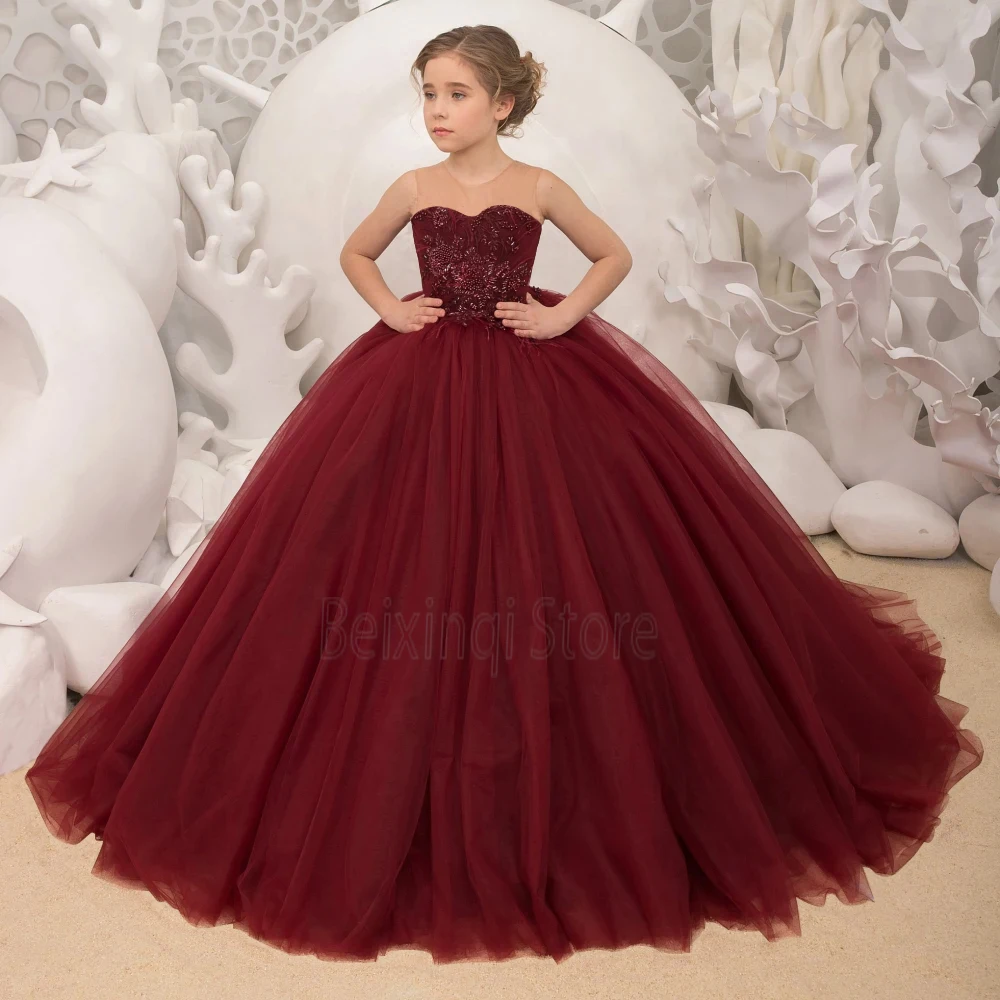 

Bordeaux Red Flower Girl dress tulle appliques tailing long Skirt Can custom color formal occasion wedding party birthday gown