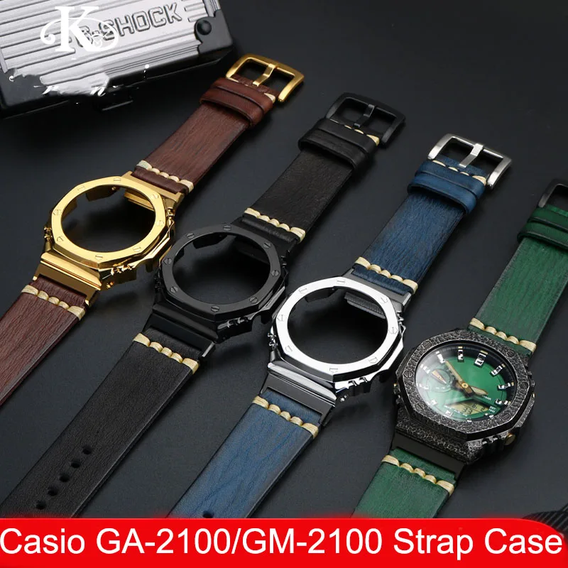 NEW Genuine Leather Watch Band stainless steel Watch Case For Casio GA-2100/GM-2100 Farm oak Modification Strap+ Case Accessorie