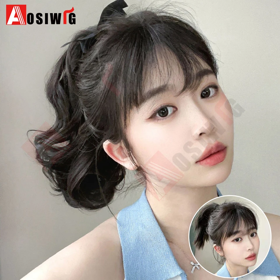 AOSI Synthetic Short Wave Ponytail Hair Extensions Drawstring Tied to Hair Tail Clip in Hair Extensions for Women Daily Wear