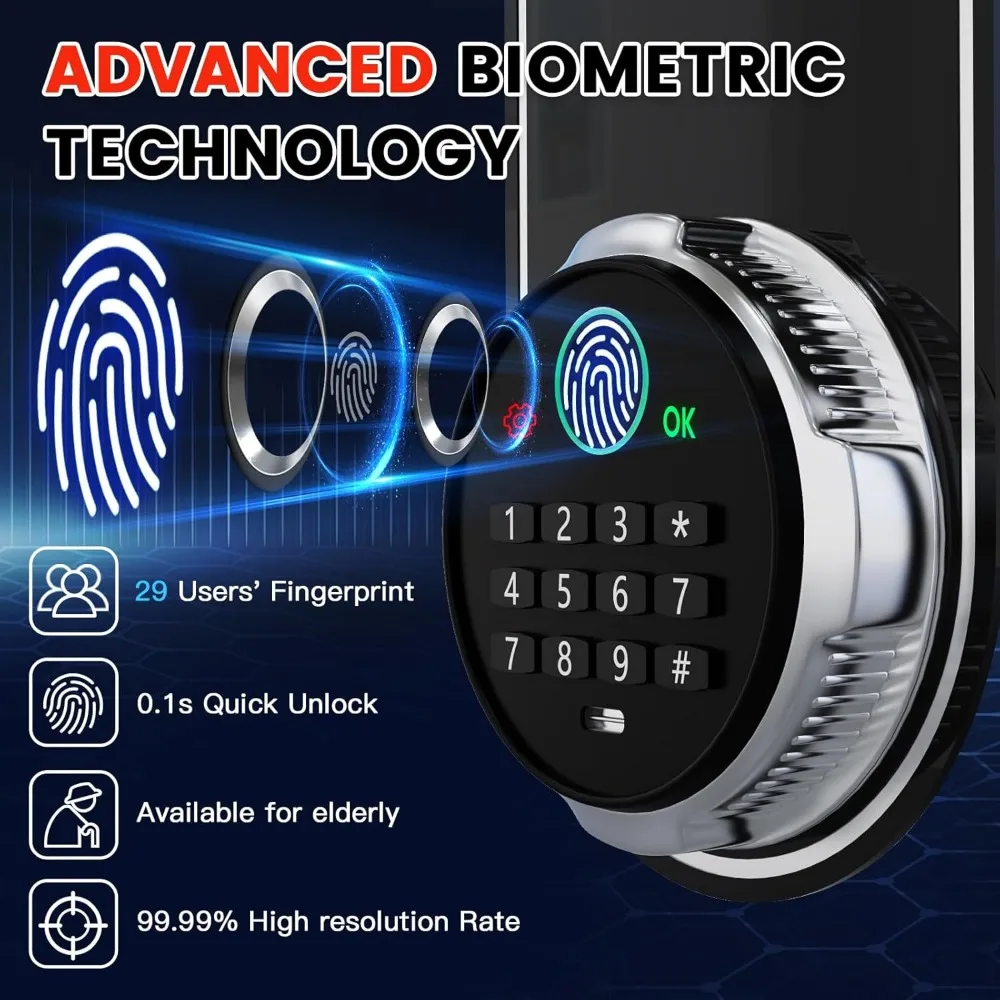 Biometric Fingerprint Safe Box, 1.3 Cuft Home Security Safe with Fireproof Waterproof Bag, Combination Keypad, Anti-Theft Dual A