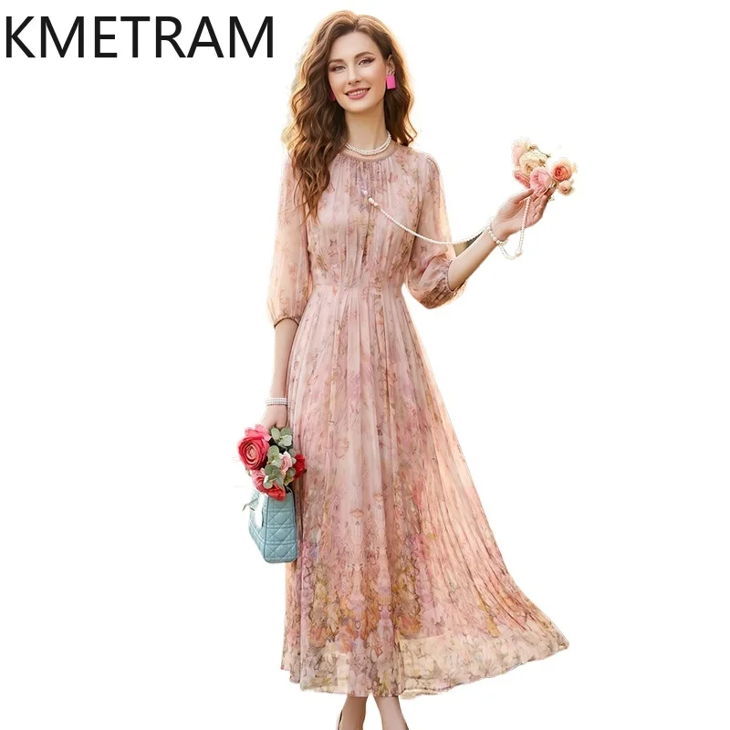 

KMETRAM 100% Real Mulberry Silk Dresses for Women Elegant Floral Print Long Dress Summer Vacation Frocks 2026 Woman Clothes 원피스