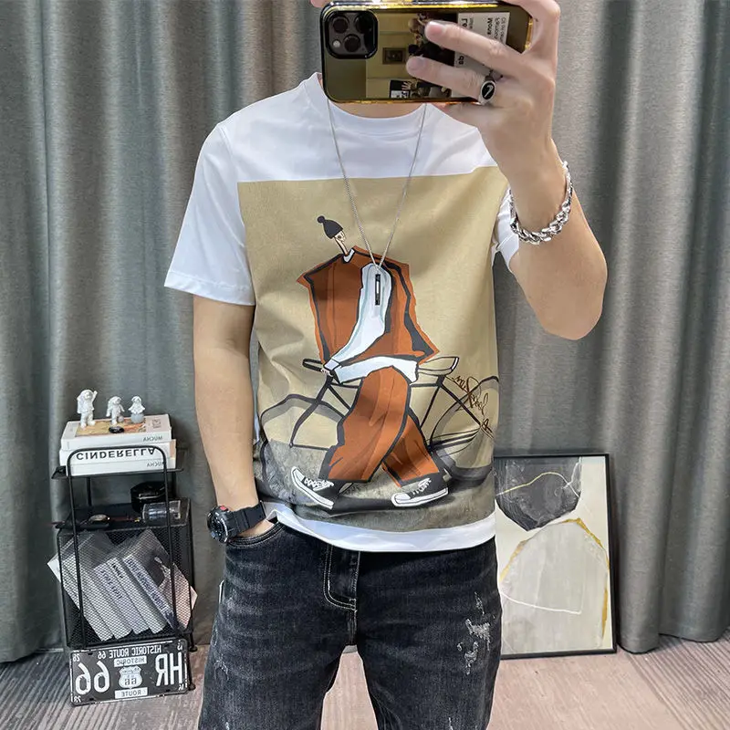 Fashion O-Neck All-match Cartoon Printed T-Shirts Men\'s Clothing 2024 Summer New Loose Korean Short Sleeve Tops Casual Tee Shirt