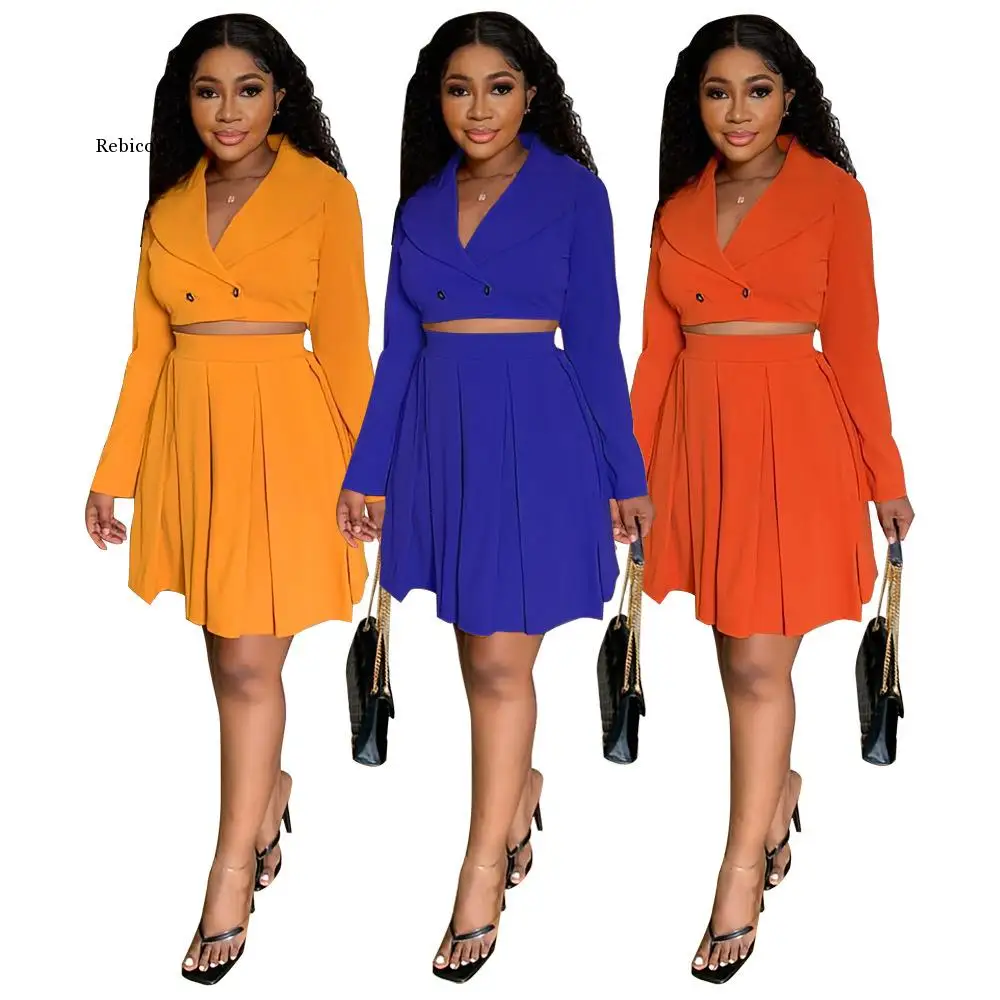 

Two-piece Set African Skirt Outfts For Women V-neck Crop Tops And High Waist A-line Skirt Suit Solid Fashion Lady Office Clothes