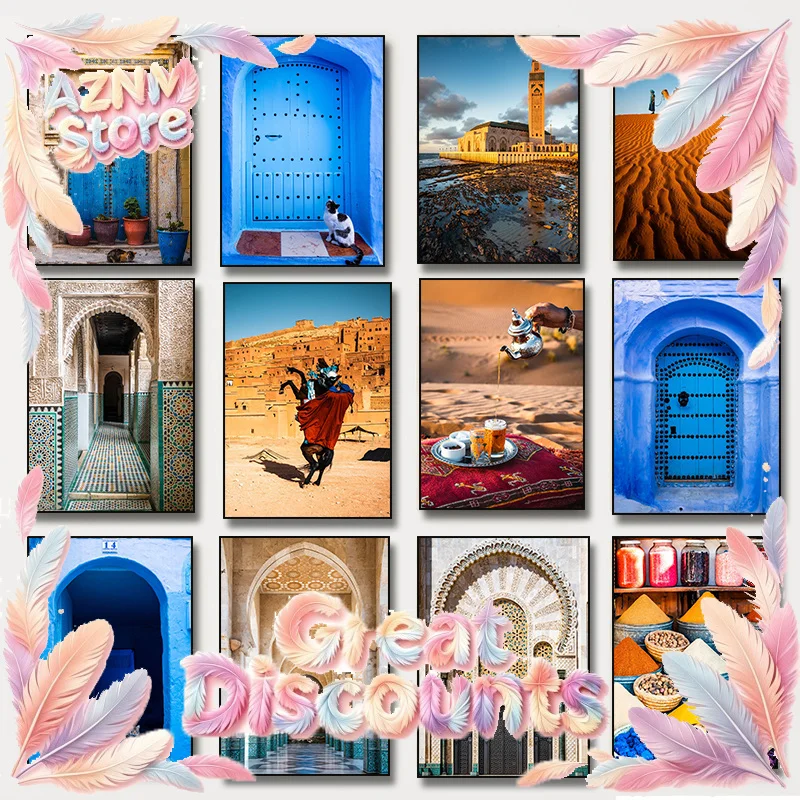 2026 Camel Desert Posters Nordic Morocco Blue Door Architecture Canvas Painting Art Pictures Print Living Room Home Decoration