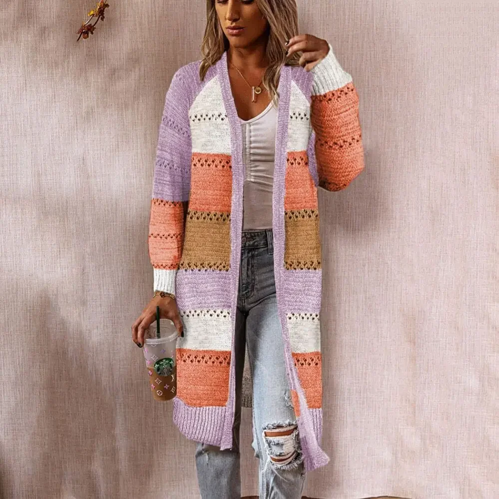 Koreaanse versie Spell Color uitgeholde lange gebreide vestjas, nieuwe casual losse splitsende trui voor dames, herfst en winter