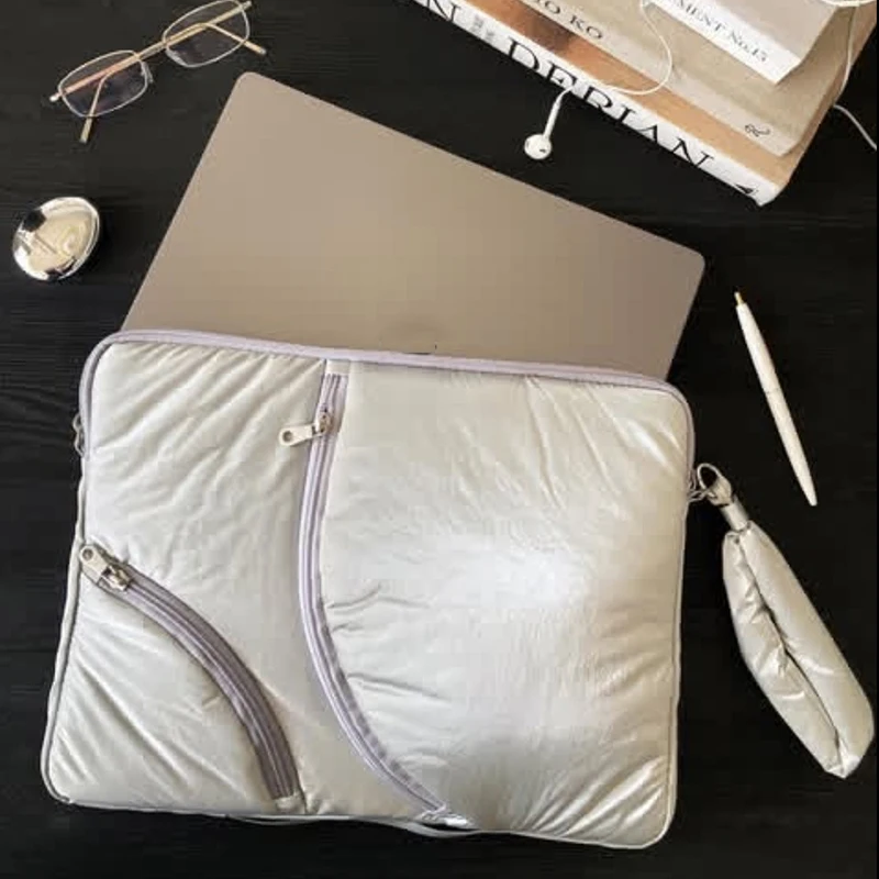 Fashionable fluffy cotton silver notebook bag 11 inches. Must-have for travel. Portable. Double-sided protection. Notebook bag.