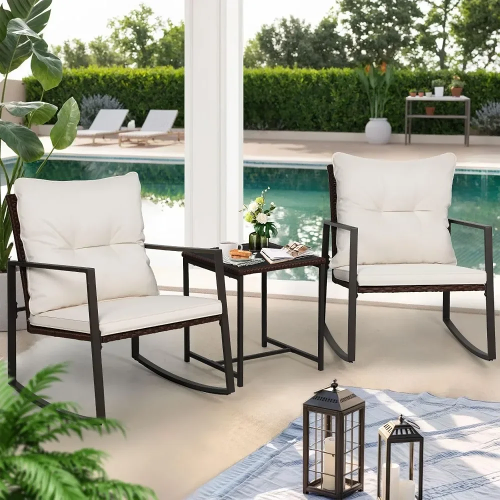 

3-piece outdoor rocking chair set for terrace tavern, brown wicker porch chair with glass coffee table and beige cushion