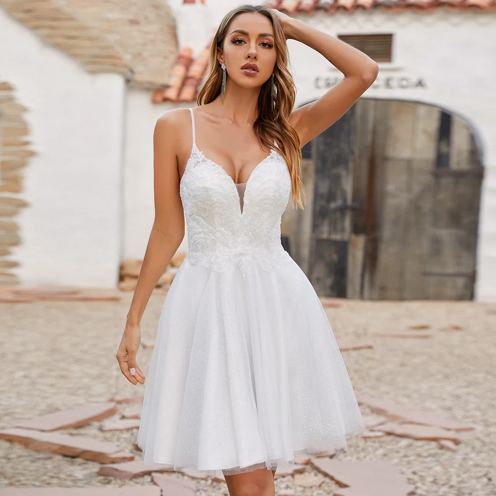 Real Wedding Dress A Line Spaghetti Straps V Neck Applique Glitter Tulle Short Bridal Gown Backless  Dresses for Bride