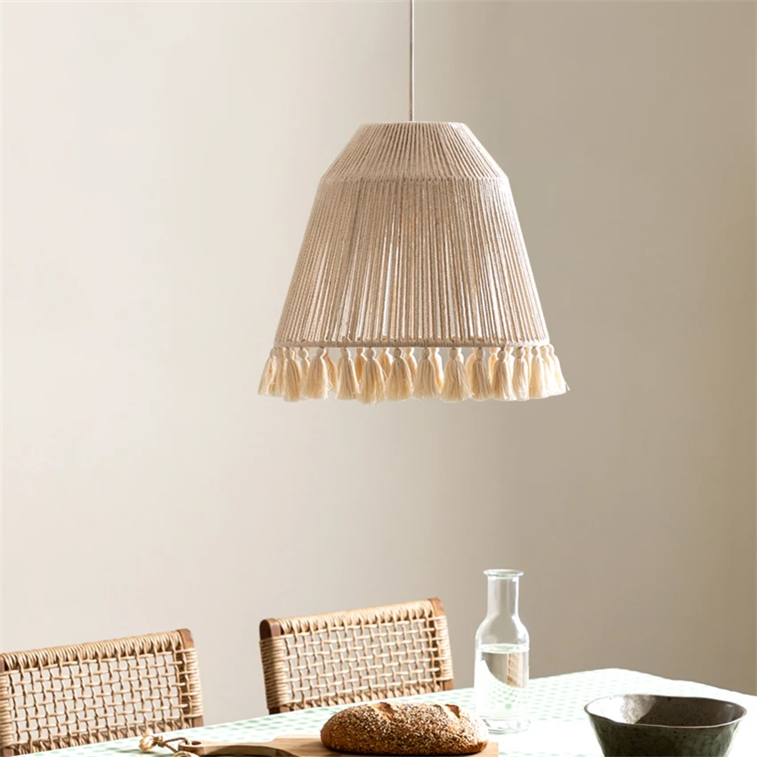 French cream bohemian tassel pendant lights restaurant bedroom wabi sabi style Nordic antique hemp rope pendant lamps lighting