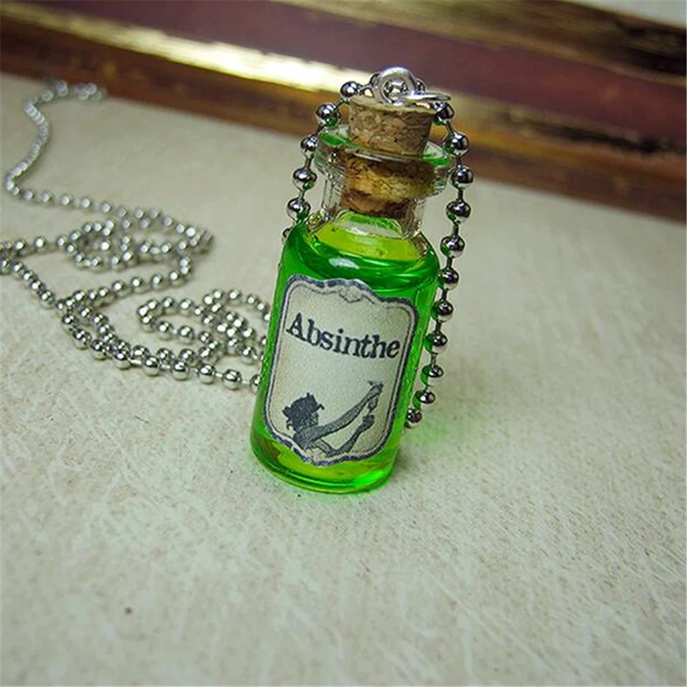 Absinthe Glass Bottle Necklace Charm Glass Cork Vial Pendant Absinthe Green Fairy Drink