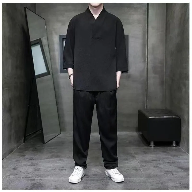 

Ice Silk Drape Chinese Style Men's Thin T-shirt Men's Short-sleeved Summer Loose Large Size Two-piece Set