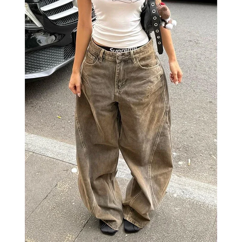 Y2k Women Brown Baggy Cargo Jeans Harajuku Vintage Wash Denim Trouser Aesthetic 90s Style Oversize Boyfriend Jeans Pants Autumn