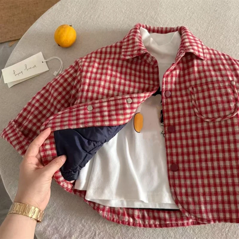 New Winter Korean Style Unisex Kids Printed Plaid Shirt Cotton Padded Coats Thicken Warm Baby Kids Quilting Outerwear 2-9YY