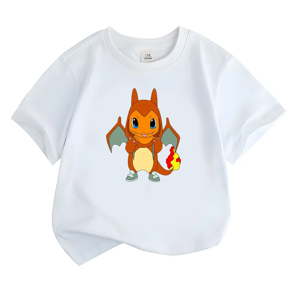 MINISO Charmander Baby Cotton T Shirt Fire Master Charmander Tees Kawaii Cartoon Kid Clothes Boy Girl Summer Short Sleeve Tops