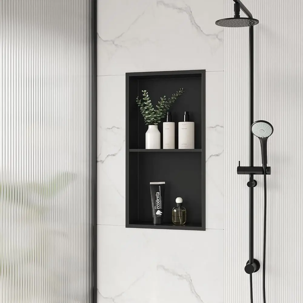 12x24 Matte Black Stainless Steel Shower Wall Double Shelves for Recessed Bathroom Storage
