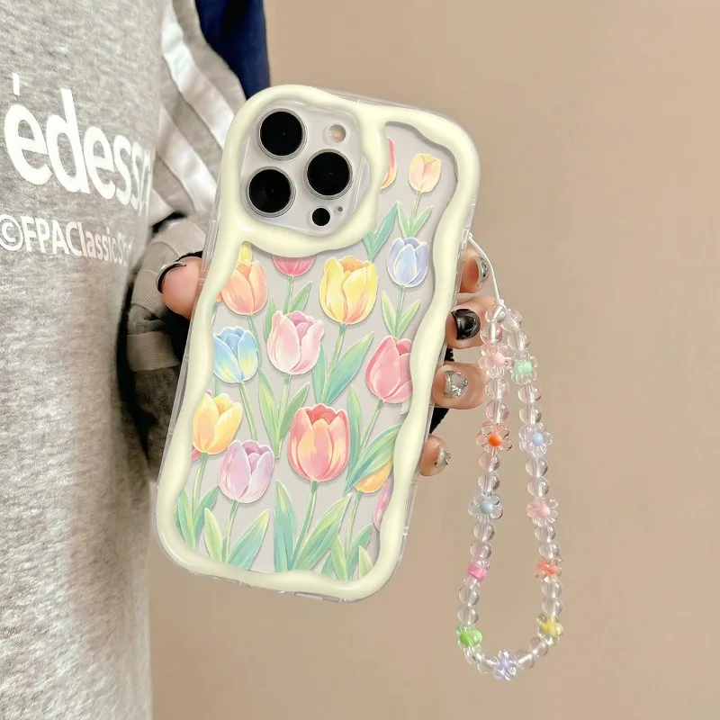 Cute Colorful Tulip Pattern Clear Wave Phone Case For iPhone 11 12 13 14 15 16 17 Pro Max Plus 16e 17e Shockproof Soft Cover view 2