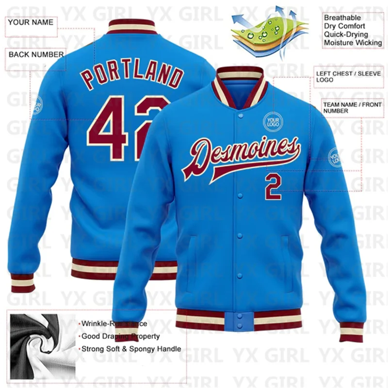 Custom Electric Blue Maroon-OR Bomber Full-Snap Varsity Letterman Jacket 3D Printed Baseball Button Jacket