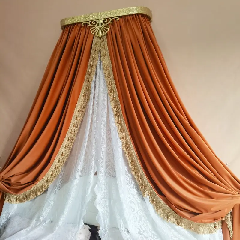 French Style Velvet Bed Mantle Lace Yarn Fringed Decoration Princess Orange European Flannel Bedside Curtain Light Luxury