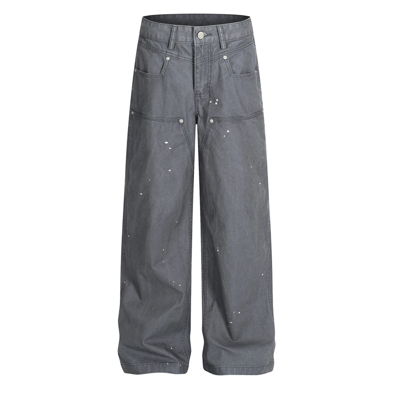 High Street Men's Denim Pants Splash-ink Contrast Color Beading Bottom Patchwork Straight Leg Loose Male Jeans New