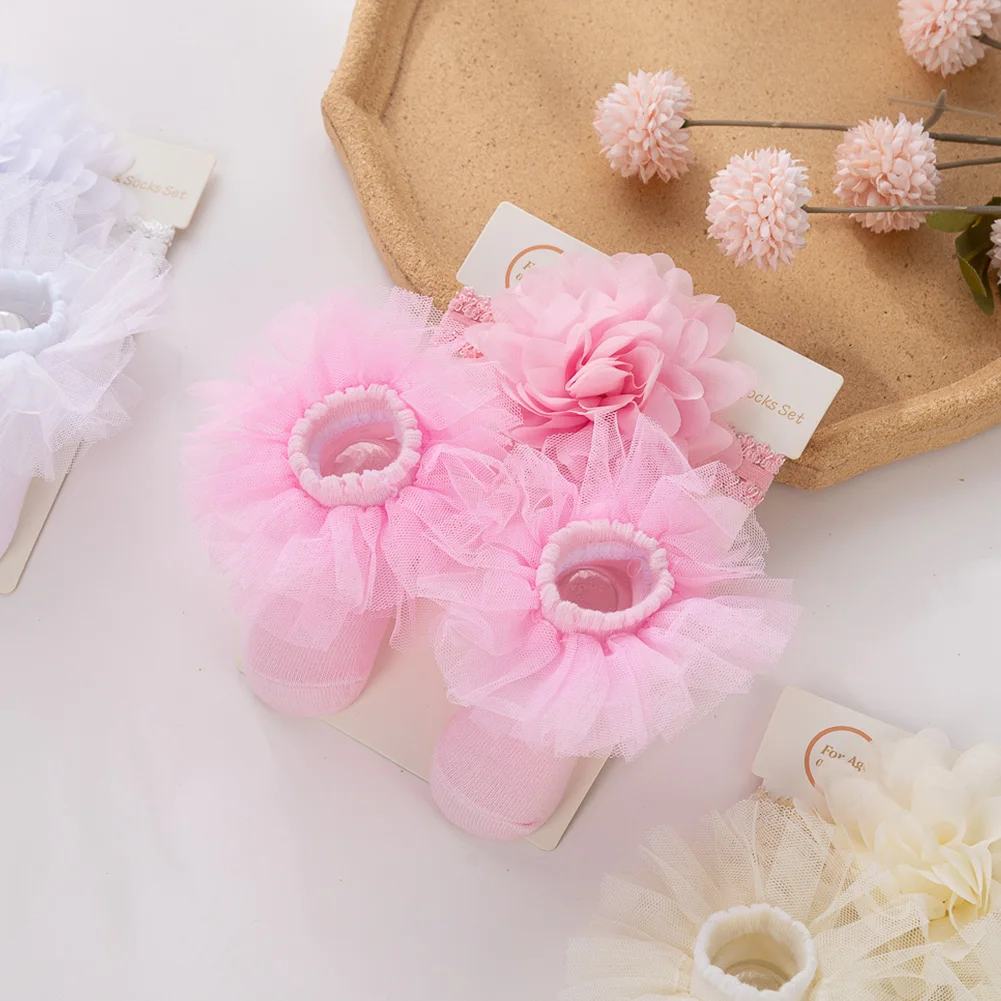 3Pcs/Set Organza Flower Lace Baby Headbands Socks 0-12M Cotton Anti Slip Solid Newborn Toddler Sock Bow Caps Headwraps