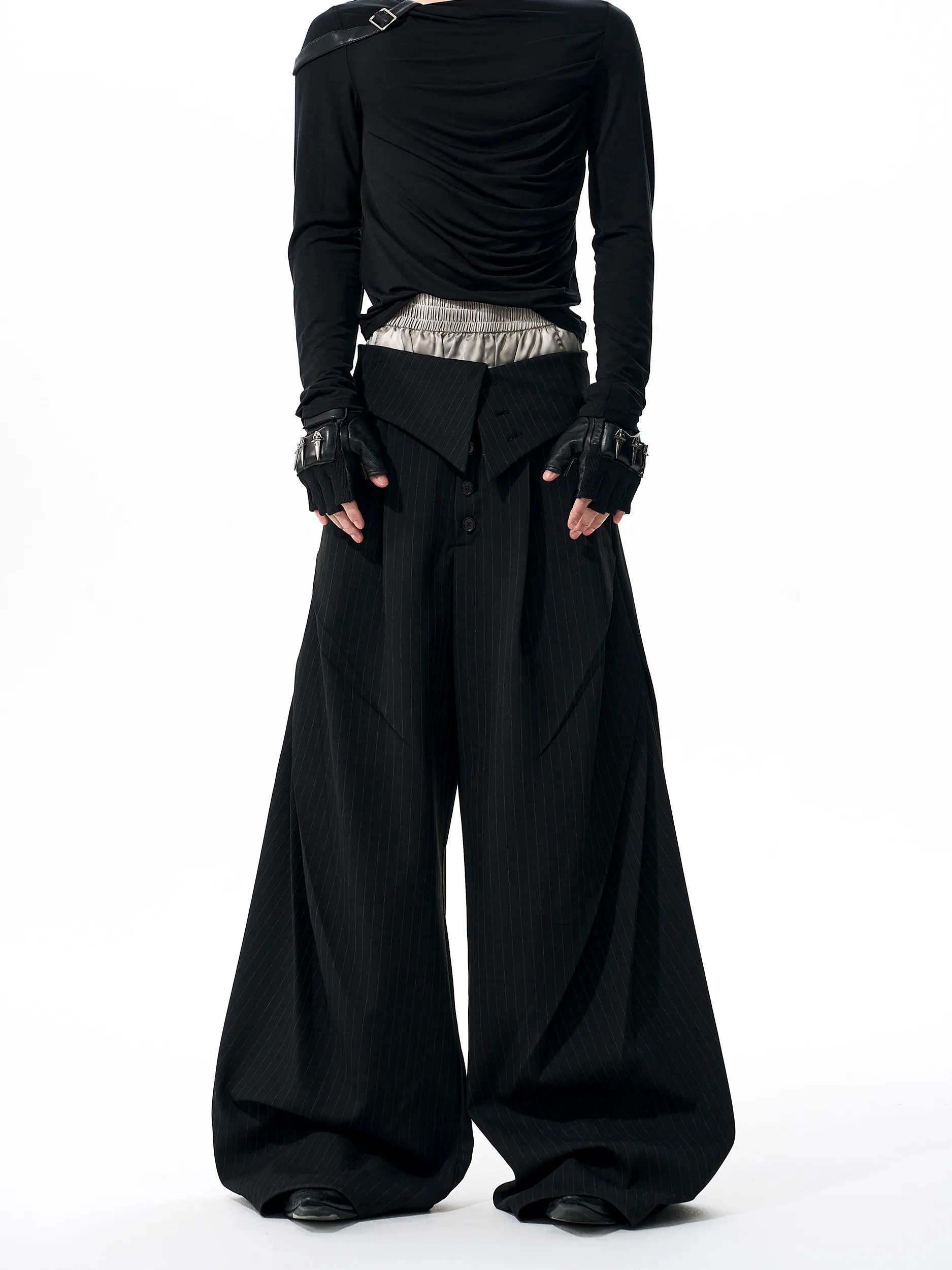 

Black Casual Men's Trousers Vertical Stripes Foldable Waist Autumn Single Button Shaped Wide Leg Pants Polyester Cotton Spandex