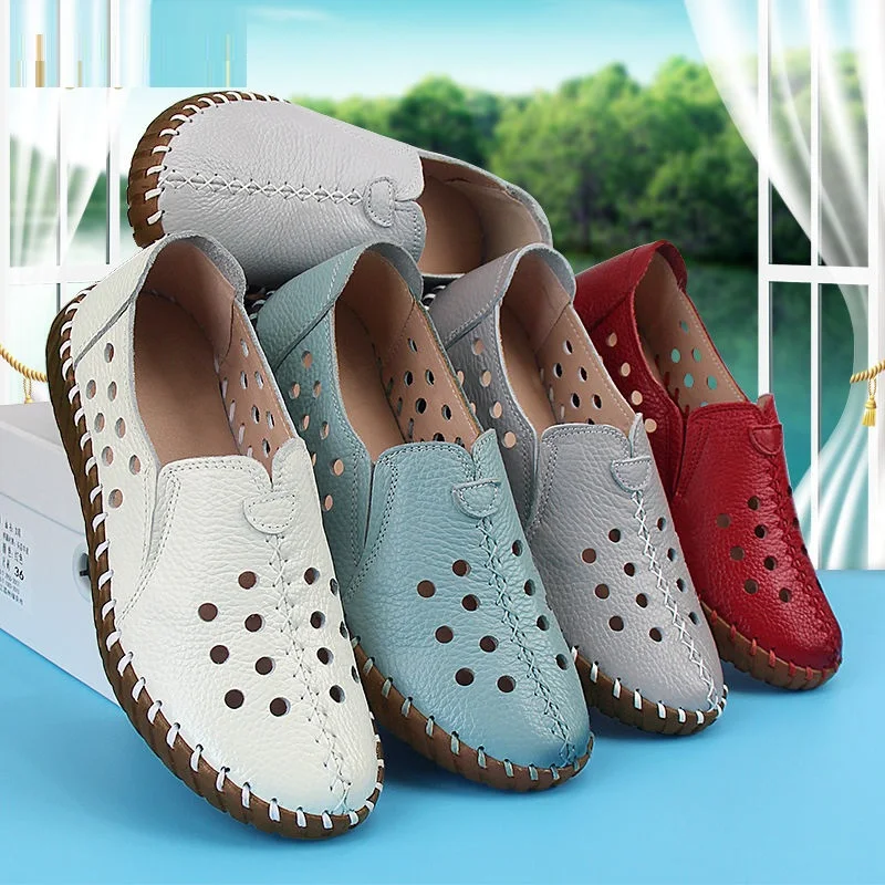 New Genuine Leather Shoes Women Cozy Soft Ballet Flats Handmade Slip On Shoes Ladies Driving Moccasins Blue Mother Nurse Shoes