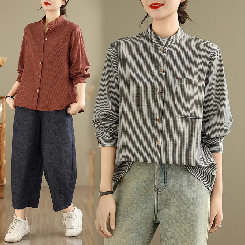 

Retro Sle Women's ort Sve irt Thin Cotton Blend Striped Long Sve irt Spring Autumn Faionable Youthful Vintage...