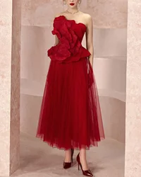 Customized Modern Strapless Ruffles Crystal Evening Dresses Elegant Organza Pleats Burgundy Vestido De Festa Vestido D