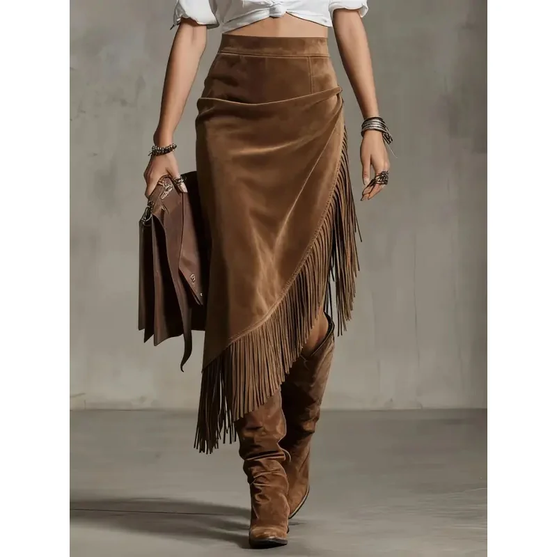 Vintage Women Tassel Suede Skirt Fashion High Waist A-Line Irregular Midi Chic Skirts Elegant Streetwear Patchwork Casual Skirt
