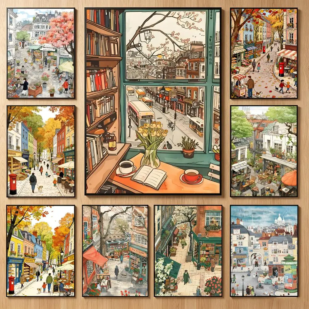 Urban Street Art V-Vintage City Street Art Print Poster Classic Self-Adhesive PP Wall Sticker for Living Room Bar Decor Gift