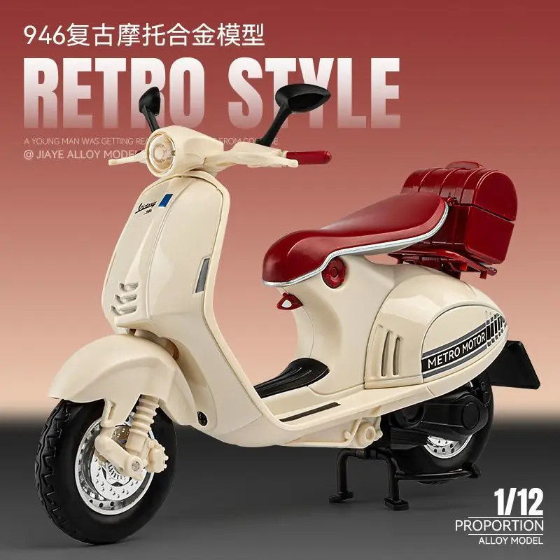 1:12 Style Retro Scooter Diecast Alloy Model with Steering Sound Light for Hobbyists Collection Display