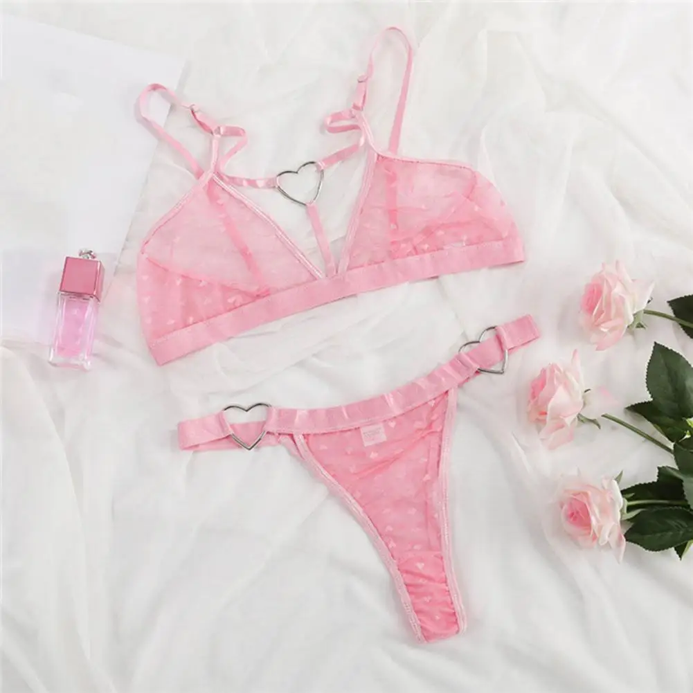 

2 Pcs/Set Bra Panties Set See-through Lace Heart Embroidery Hollow Heart Adjustable Strap Wedding Night Honeymoon Underwear Set